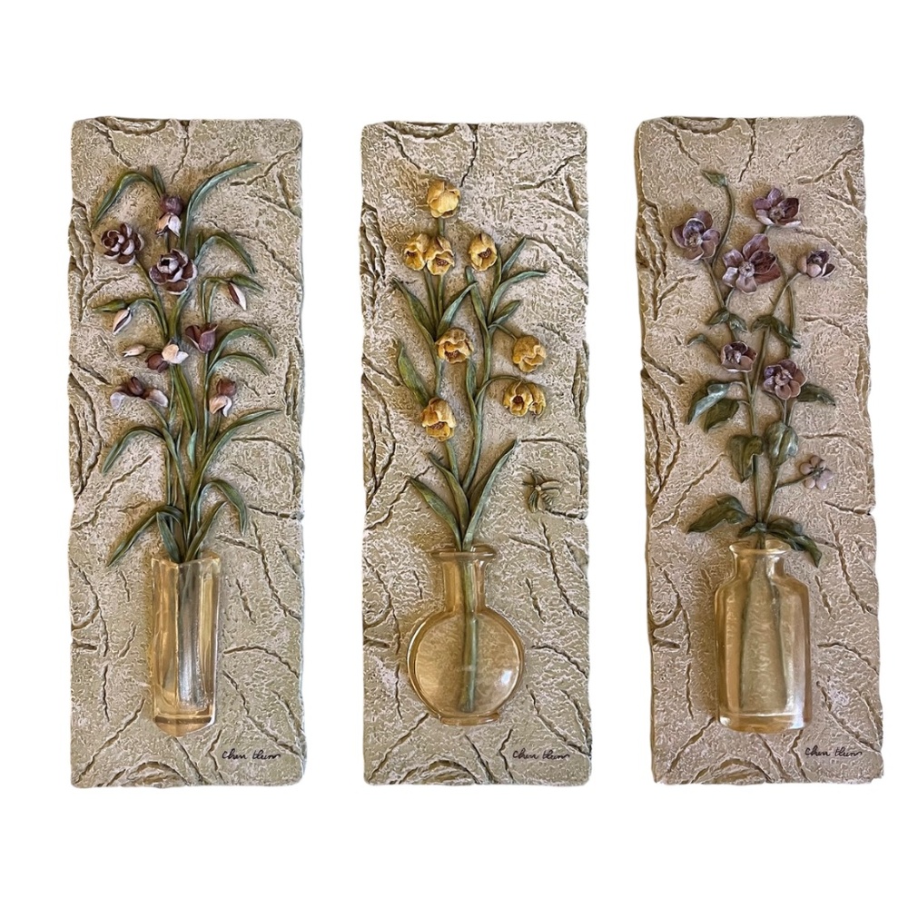 Vintage Cheri Blum Botanical 3D Resin Wall Plaques Set of 3 Signed
